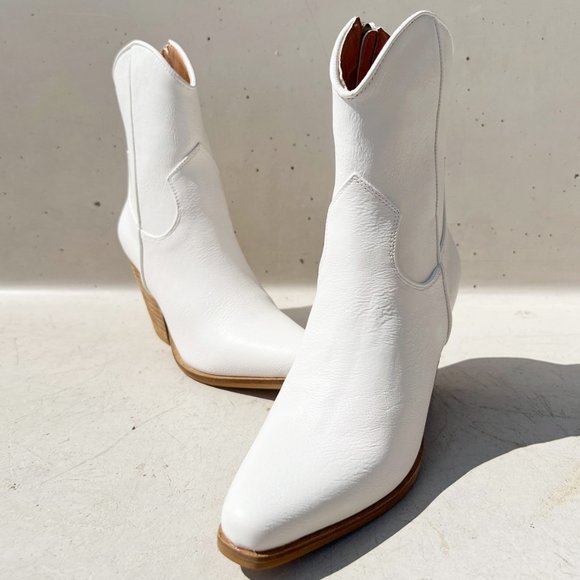 NEW Pointy Toe Stack Block Heel Western Curved Mid Ankle Booties Boots Off White - Picture 2 of 13